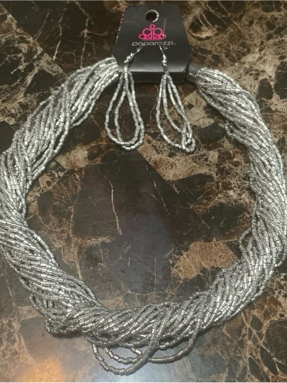 paparazzi Silver Twisted Multi-Strand Beaded Necklace with Matching Earrings
